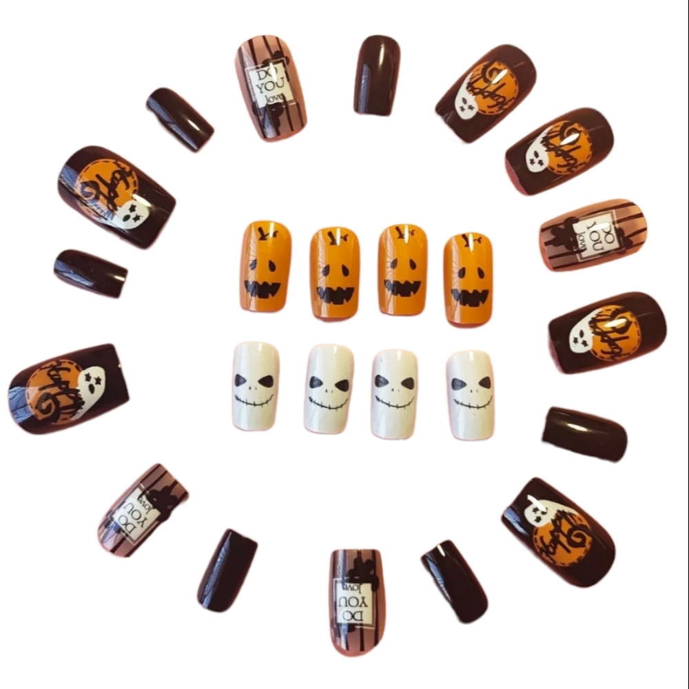 Halloween full cover false nails glossy black orange white funny ghost p…